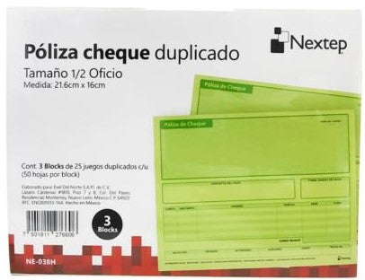 Block Póliza Cheques paquete c/3 25 Juegos ½ Oficio Nextep® NE-038H 7501811276606 Imagen principal del producto