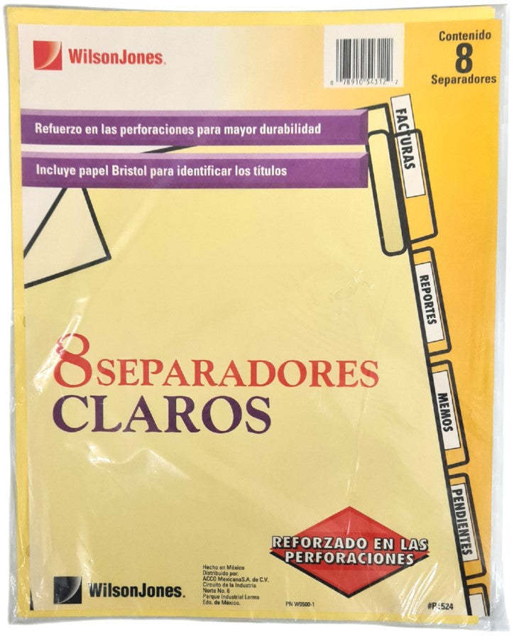 Separador Hojas p/Carpeta IE-80 Tap Insertable c/8 Manila clearTap Carta ACCO® P0500 [Bolsa de plástico] 78910543122