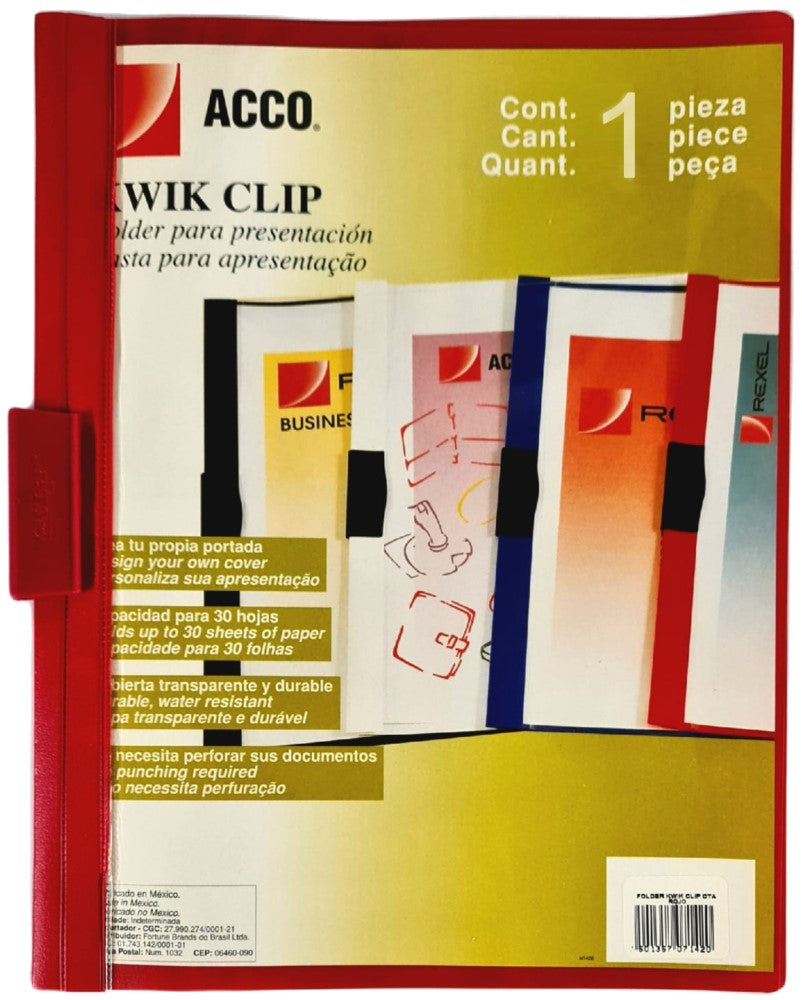 Fólder Plástico c/Clip Kwik Rojo Carta ACCO® P7142 [Pieza] 7501357071420