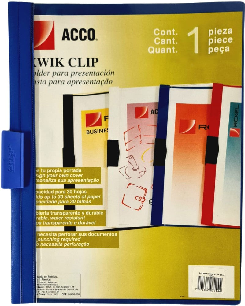 Fólder Plástico c/Clip Kwik Azul Carta ACCO® P7144 [Pieza] 7501357071444