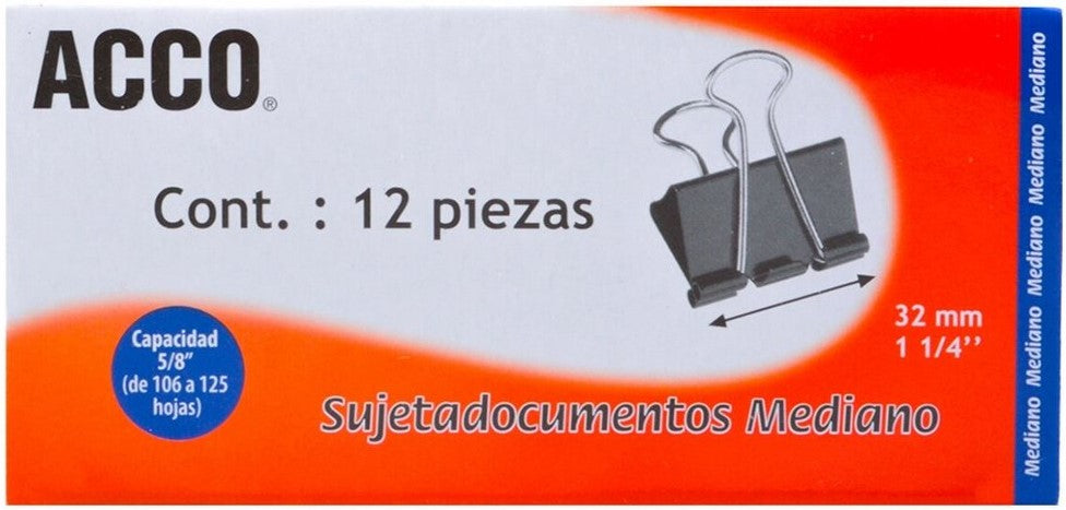 Broche Sujeta Papel Mediano c/12 Negro 32mm 1¼" ACCO® P2463 [Caja] 7501357024631