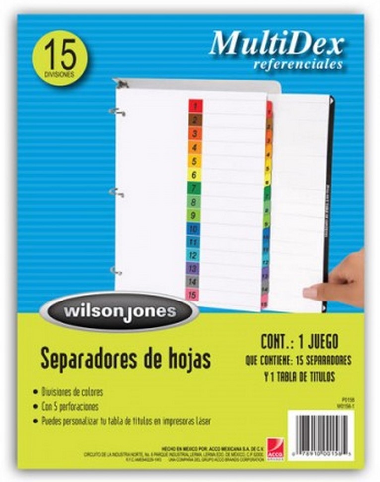 Separador Hojas p/Carpeta Multidex Numérico 1-15 c/15 Blanco colorTap Carta ACCO® P0446 [Bolsa de plástico] 78910004463
