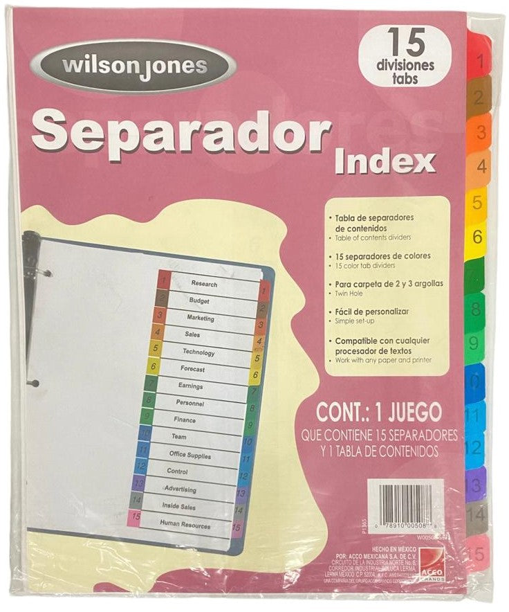 Separador Hojas p/Carpeta WilsonJones c/Indice 1-15 c/15 Blanco colorTap Carta ACCO® P1365 Bolsa de plástico 78910005088