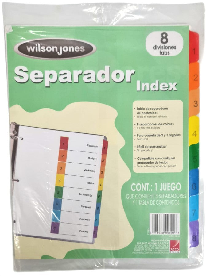 Separador Hojas p/Carpeta WilsonJones c/Indice 1-8 c/8 Blanco colorTap Carta ACCO® P1346 Bolsa de plástico 78910005057