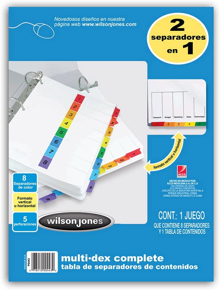 Separador Hojas p/Carpeta Multidex c/Indice Num.1-8 c/8 Blanco colorTap Carta Wilson Jones® P0443 [Bolsa de plástico] 78910004432 Imagen principal del producto