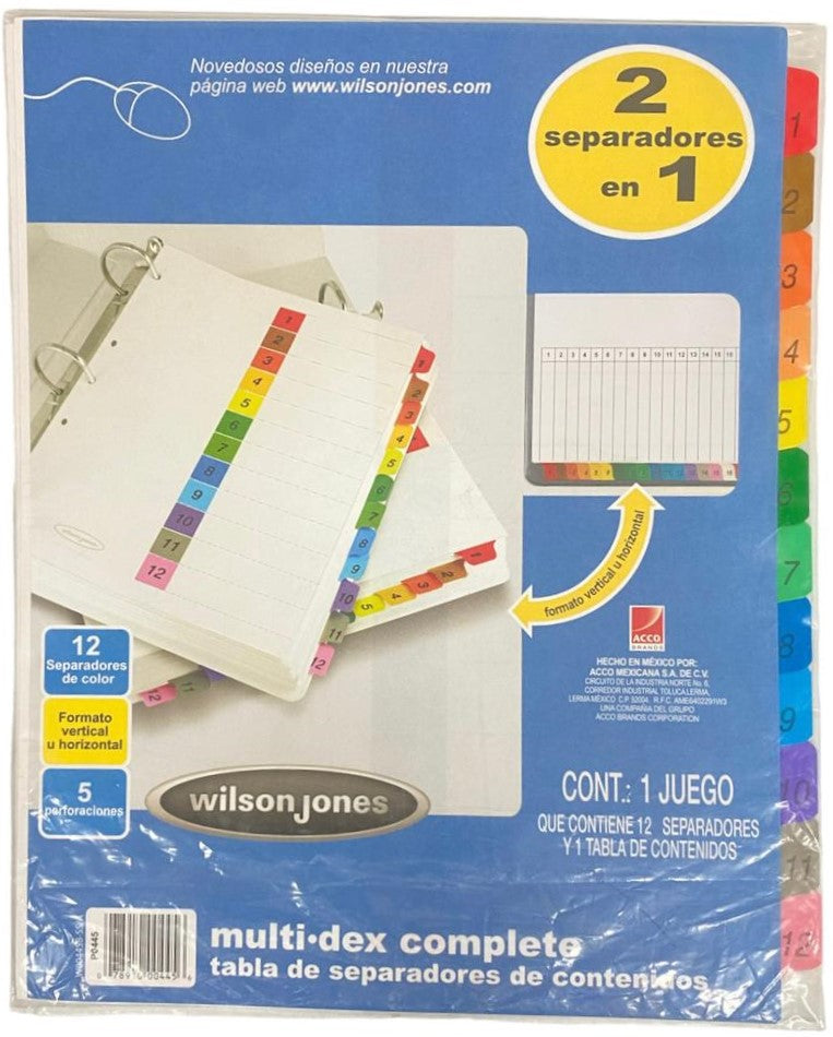 Separador Hojas p/Carpeta Multidex c/Indice 1-12 c/12 Blanco colorTap Carta ACCO® P0445 [Bolsa de plástico] 78910004456