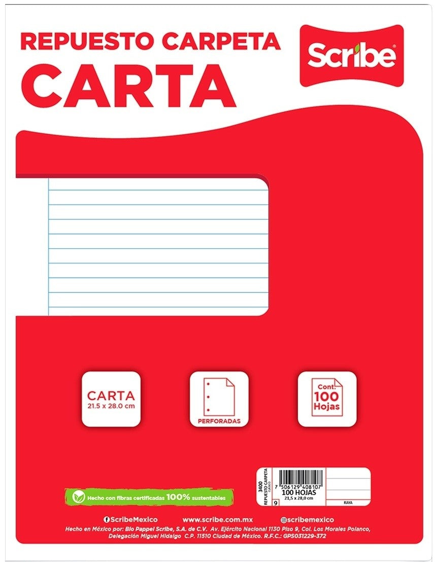 Papel p/Carpeta Carta 3 perforaciones 100 hojas Raya Scribe® 3400 Paquete 7506129408107 01