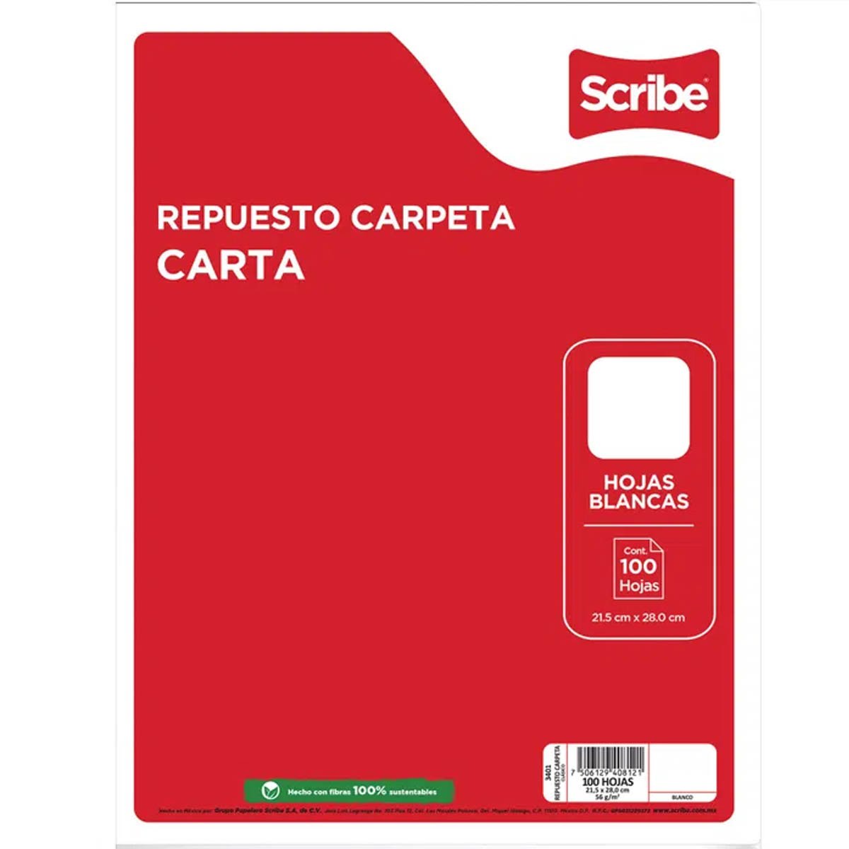 Papel p/Carpeta Carta 3 perforaciones 100 hojas Blanco Scribe® 3401 Paquete 7506129408121 01