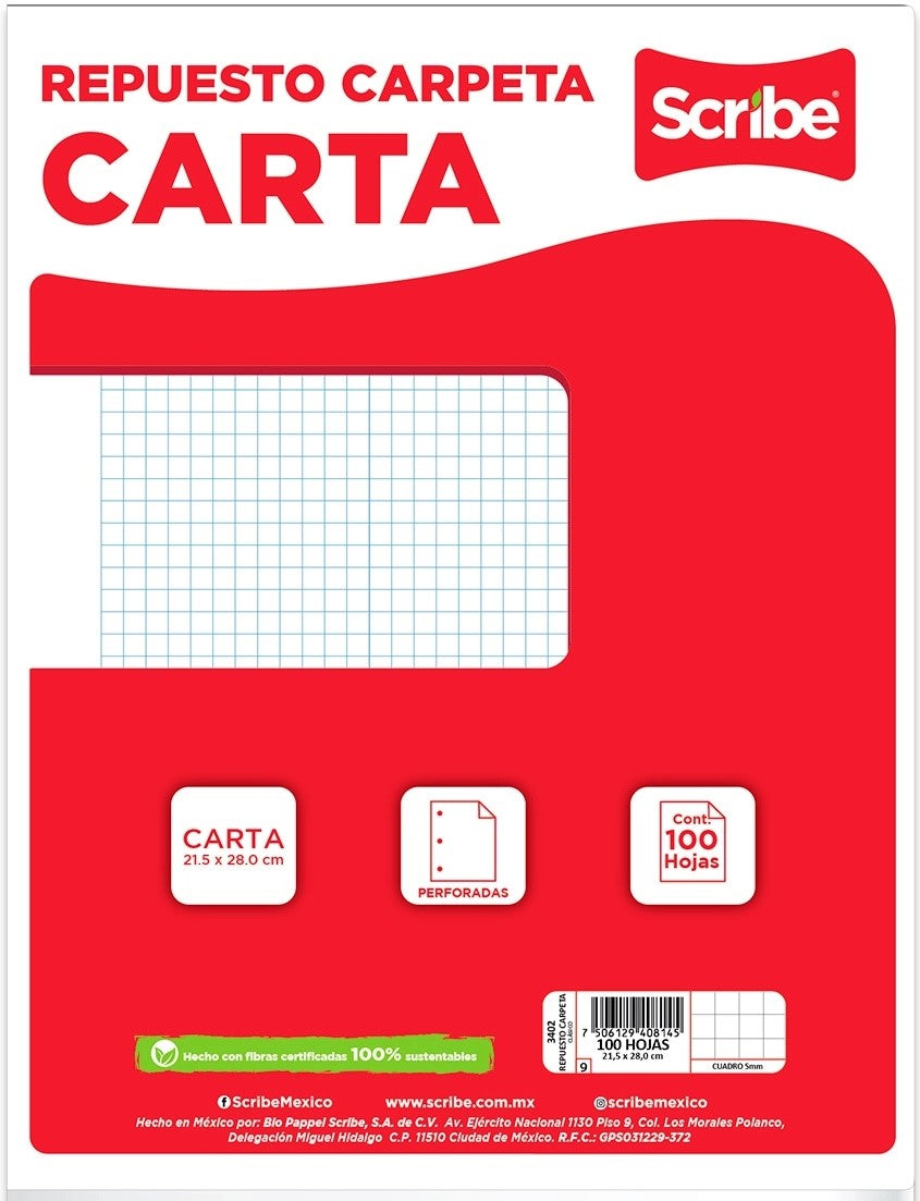 Papel p/Carpeta Carta 3 perforaciones 100 hojas Cuadro 5mm Scribe® 3402 Paquete 7506129408145 01