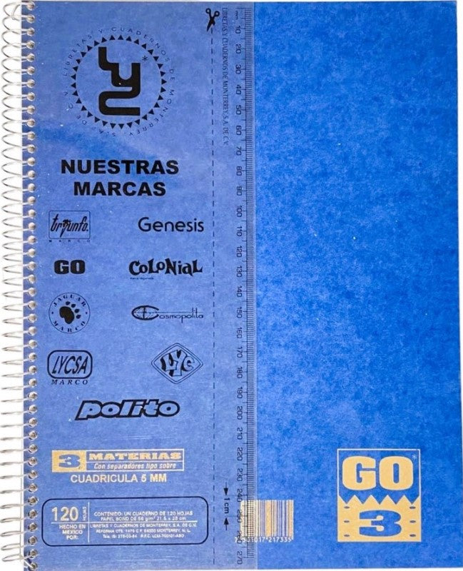 Cuaderno Profesional Espi Go-3 Materias Espiral 120 hojas Cuadro 5mm LyC® Pieza 01 Imagen principal del producto