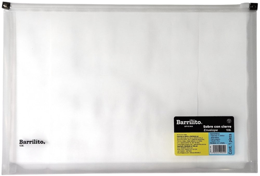 Sobre p/DocumentoPlástico Horizontal c/Zipper ColoresTransluz Oficio Barrilito® 108. [Pieza] 7501214992592 Imagen principal del producto