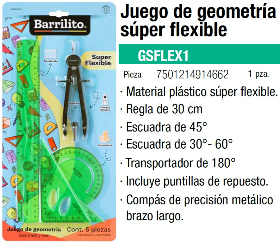 Juego de Geometría Flex SuperFlexible c/Compás Me Verde Barrilito® [Pieza] 7501214914662