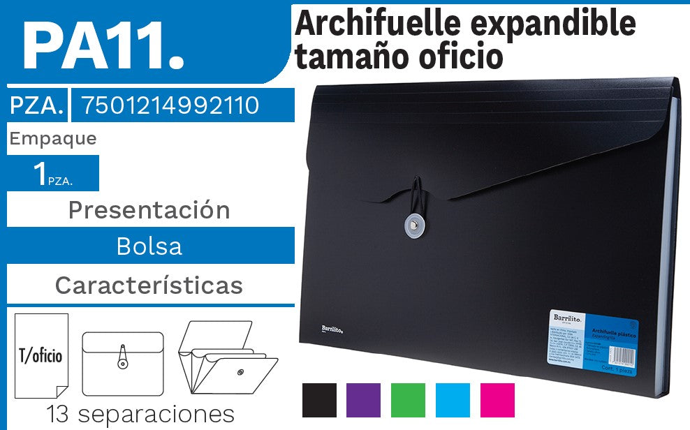 Archifuelle Plástico Expandible 13 Espacios Colores Oficio Barrilito® PA11. [Pieza] 7501214992110