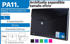Archifuelle Plástico Expandible 13 Espacios Colores Oficio Barrilito® PA11. [Pieza] 7501214992110