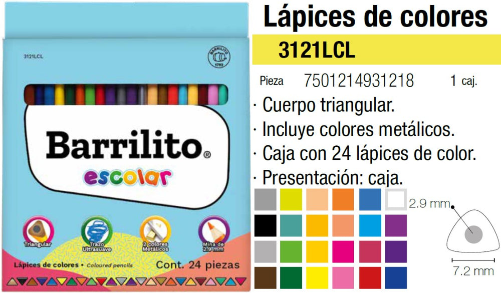 Color de MaderaTriangular Colores Est.c/24 Barrilito® 3121LCL [Estuche] 7501214931218