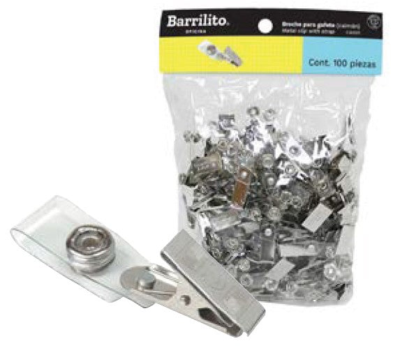 Broche p/Gafete Caimán Metálico c/100 Barrilito® CAI501 [Bolsa] 7501214913597