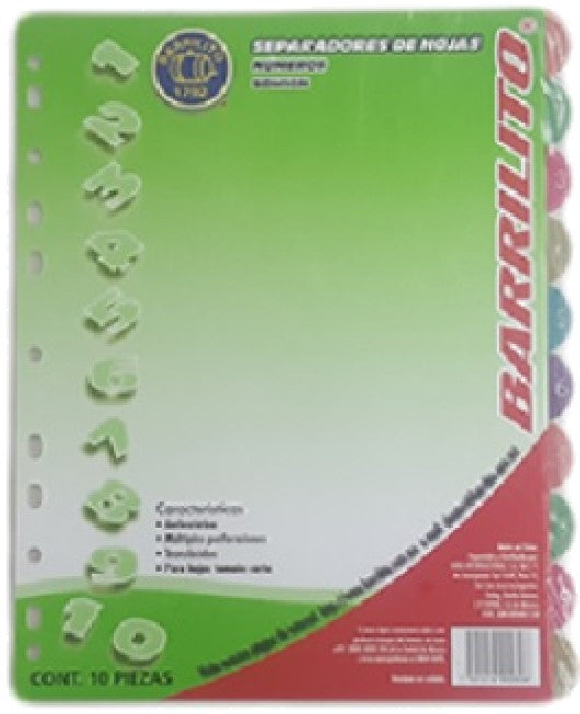 Separador Hojas p/Carpeta Numérico 1-10 c/10 Transp.colorTap Carta Barrilito® SDH10N [Bolsa de plástico] 7501214900306