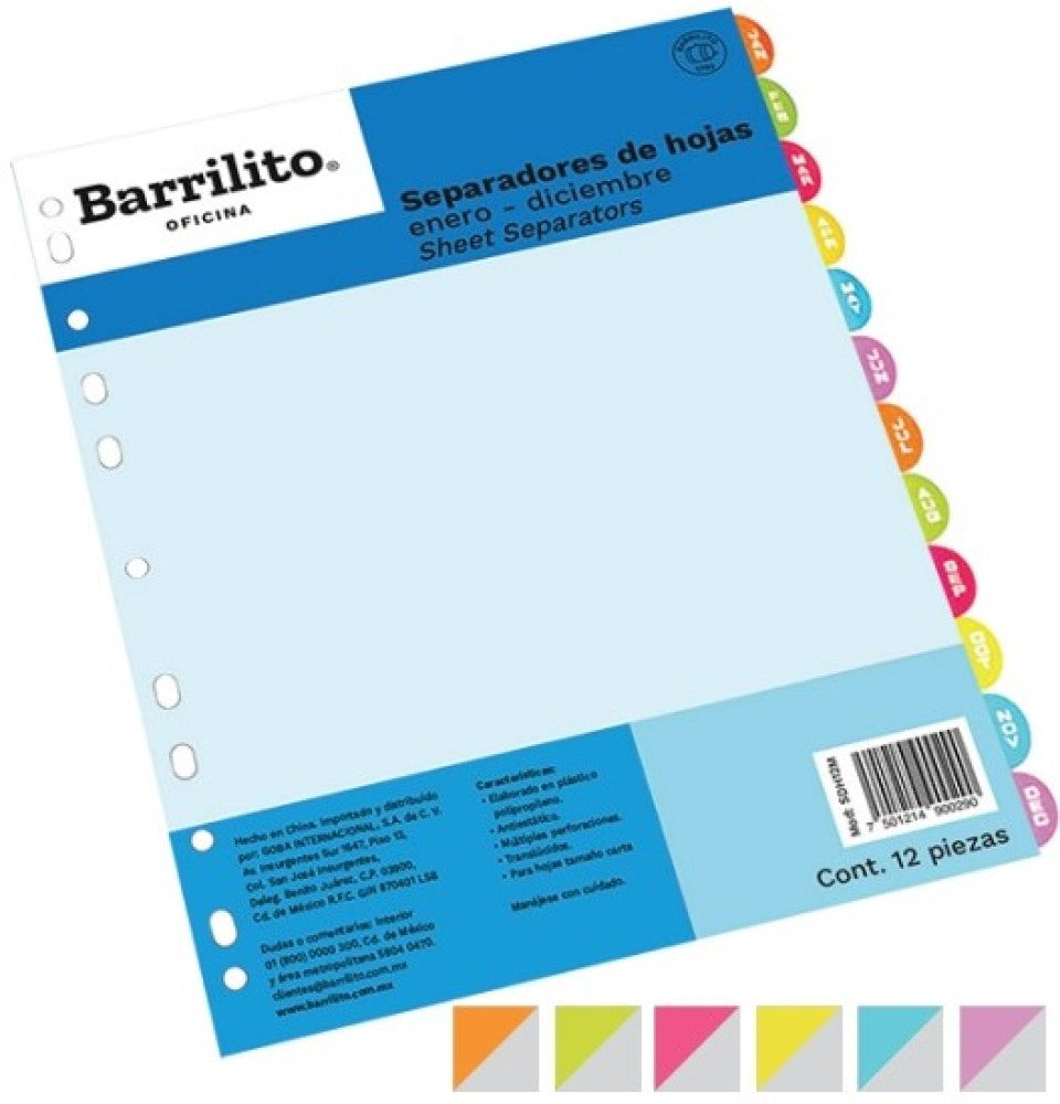 Separador Hojas p/Carpeta Mesesl Ene-Dic c/12 Carta Barrilito® SDH12M [Bolsa de plástico] 7501214900290