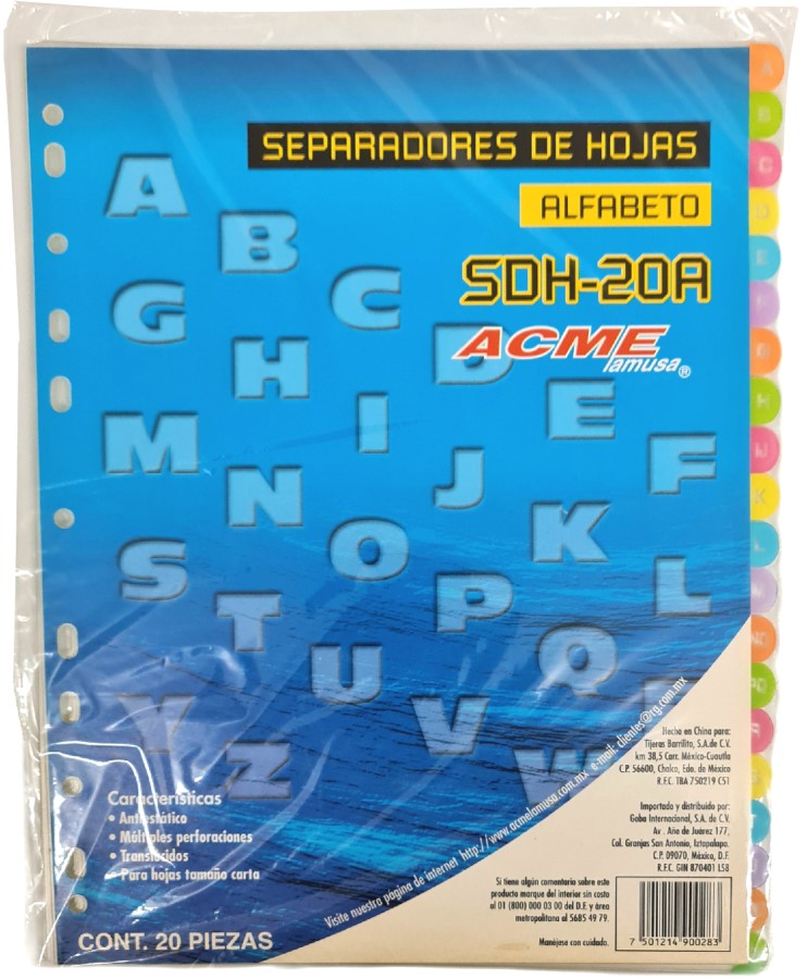 Separador Hojas p/Carpeta Alfabético A-Z c/20 Blanco colorTap Carta Barrilito® SDH20A Bolsa de plástico 7501214900283