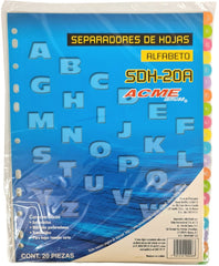 Separador Hojas p/Carpeta Alfabético A-Z c/20 Blanco colorTap Carta Barrilito® SDH20A Bolsa de plástico 7501214900283