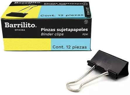 Broche Sujeta Papel Binder Clip c/12 Negro 41mm 1 5/8 Barrilito® PZ41 Caja 7501214908340 01