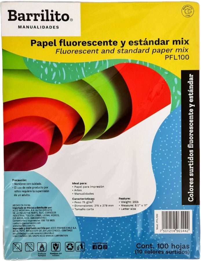 Papel Bond Color Neón-Estándar c/100 Colores (10) Carta 75g Barrilito® PFL100 Cien hojas 75012149654