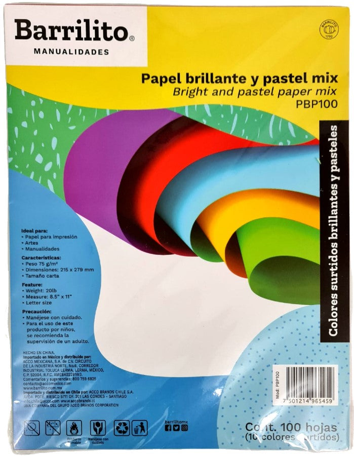 Papel Bond Color Brillante-Pastel c/100 Colores (10) Carta 75g Barrilito® PBP100 Cien hojas 75012149 Imagen principal del producto