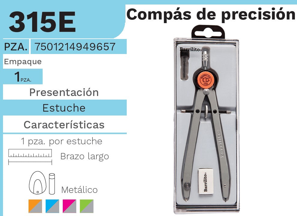 Compás Escolar Precisión Brazo Largo c/Accesorios Metal Colores Barrilito® 315E [Estuche] 7501214949657