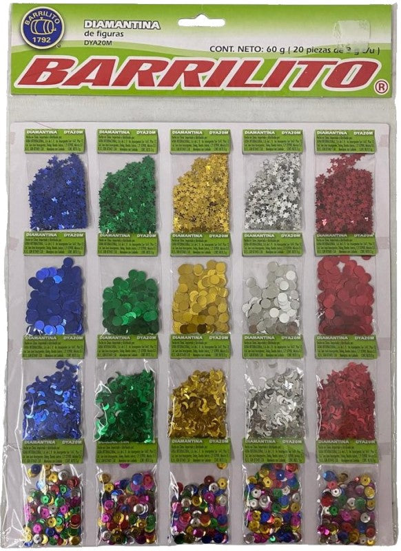 Diamantina y Lentejuela c/20 Bolsas de 3g Figuras Barrilito® DYA20M [Bolsa] 7501214922100