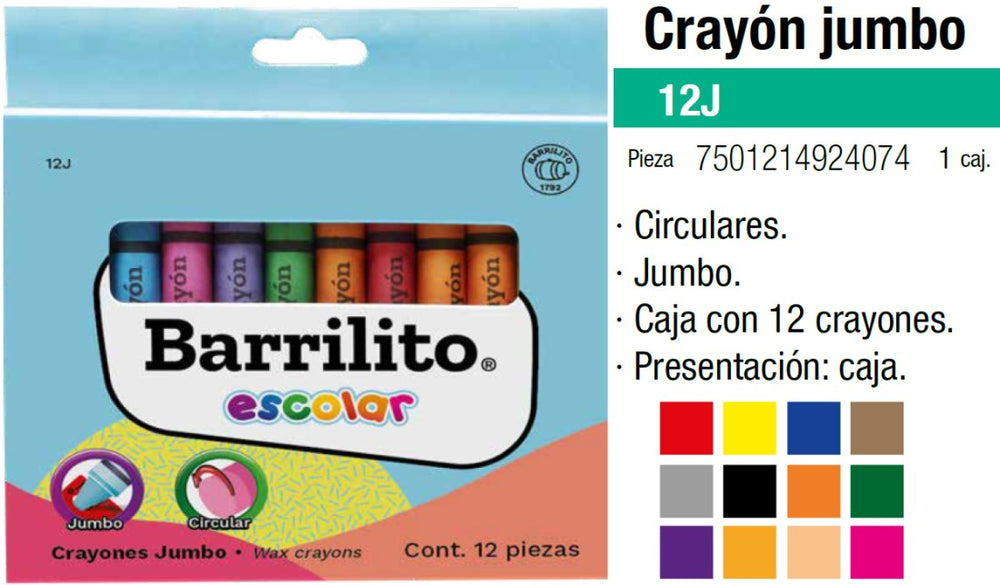 Crayón Jumbo Escolar Colores Est.c/12 Barrilito® 12J [Estuche] 7501214924074