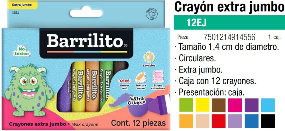 Crayón Jumbo Extra Escolar Colores Est.c/12 Barrilito® 12EJ [Estuche] 7501214914556