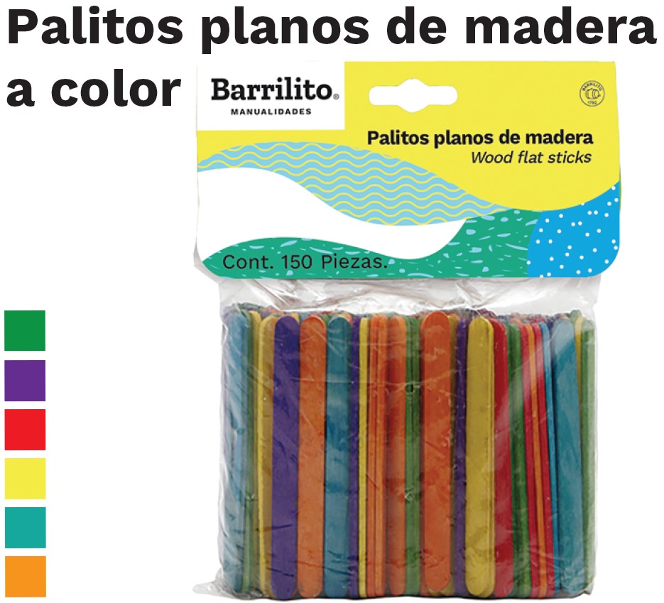Palitos Madera Planos c/150 Colores 75×7mm Barrilito® W009C [Bolsa] 7501214921660
