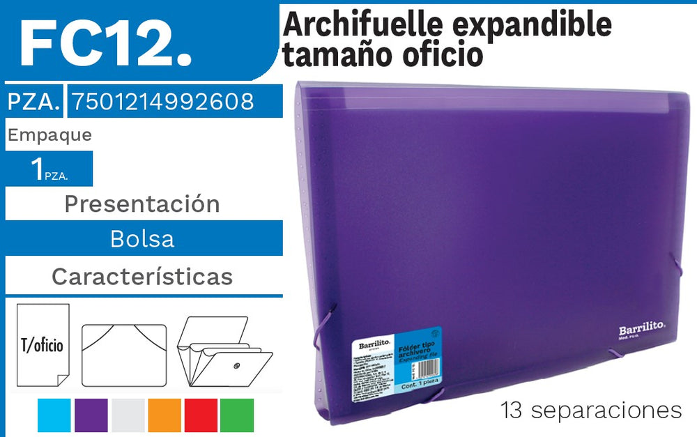 Archifuelle Plástico Expandible 13 Espacios Colores Oficio Barrilito® FC12. [Pieza] 7501214992608