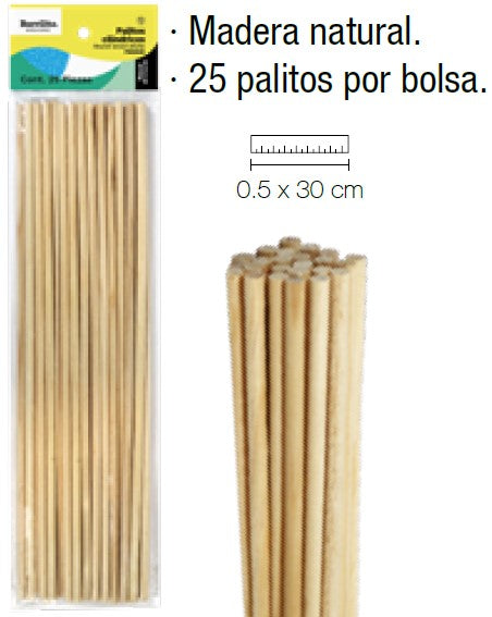 Palitos Madera Cilíndrico c/25 Natural 300×Ø 5mm Barrilito® PM3005 [Bolsa] 7501214968382