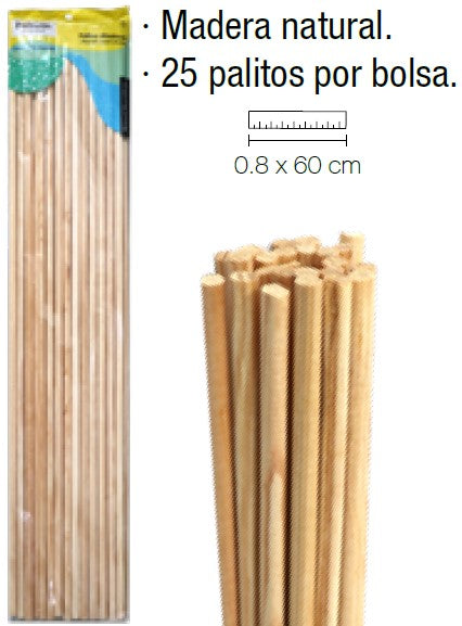 Palitos Madera Cilíndrico c/25 Natural 600×Ø 8mm Barrilito® PM6008 [Bolsa] 7501214968405