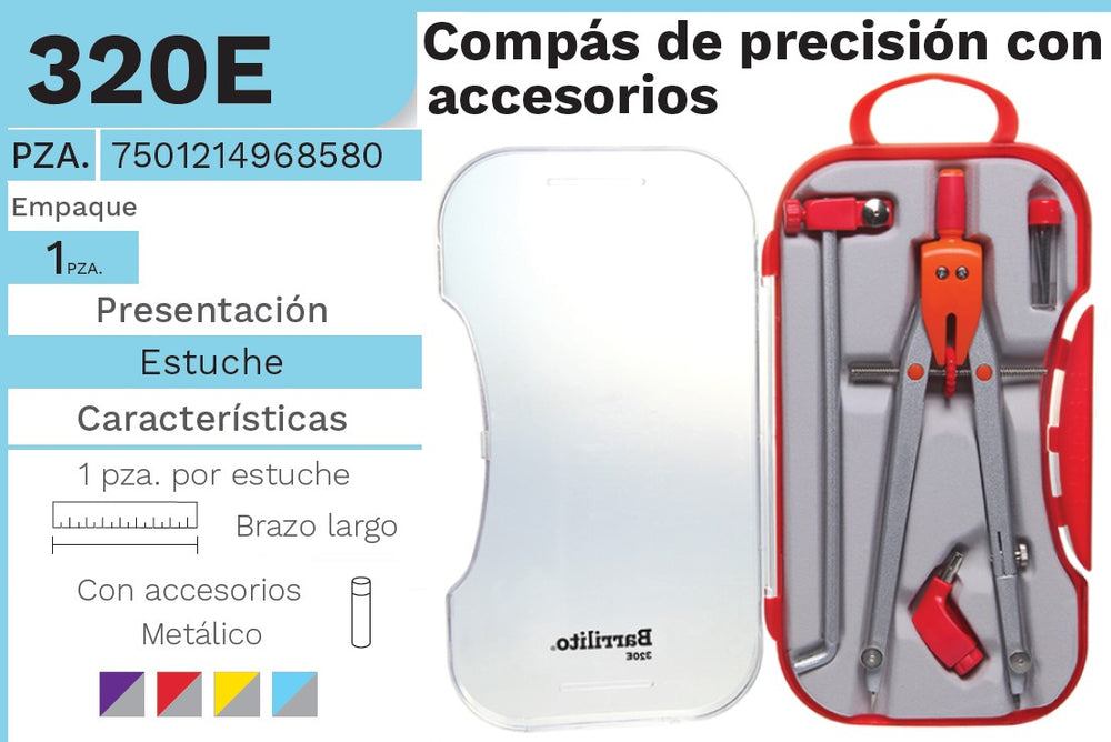 Compás Escolar Precisión Brazo Largo c/Accesorios Metal Colores c/Alargade Barrilito® 320E [Estuche] 7501214968580