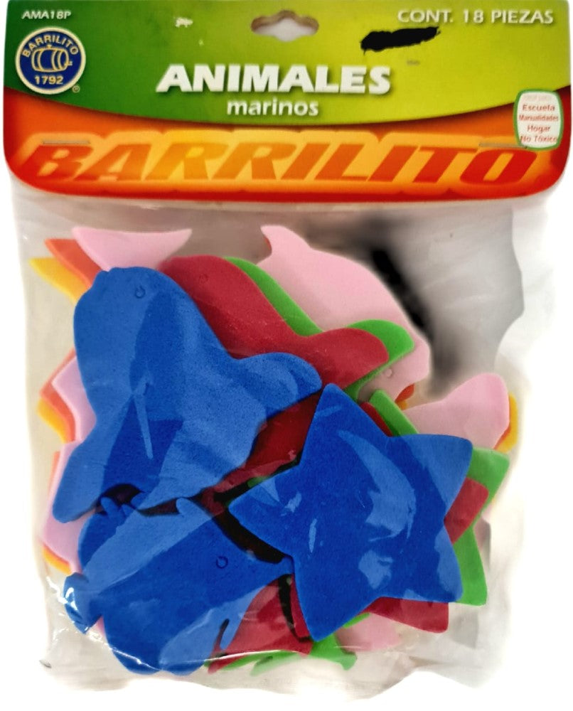 Foamy Didáctico Figuras Animales Marinos c/18 Colores 6mm Barrilito® AMA18P Paquete 7501214919322