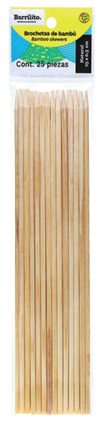 Palitos Madera Cilíndrico Brochetas de Bambú c/25 Natural c/Punta 250×Ø 3mm Barrilito® PM2503 [Bolsa] 7501214968368