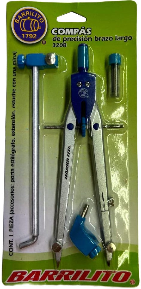 Compás Escolar Precisión Brazo Largo c/Accesorios Metal Colores c/Alargade Barrilito® 320B [Pieza] 7501214968573 2