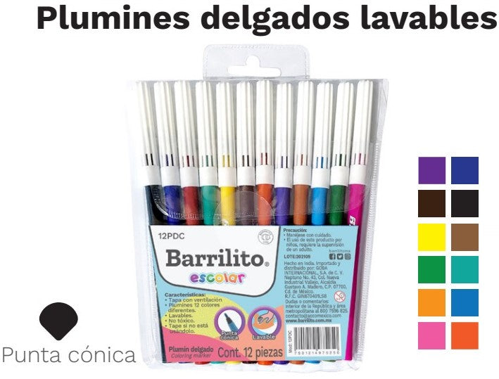 Marcador base Agua Delgado Colores Est.c/12 Barrilito® 12PDC [Estuche] 7501214975250