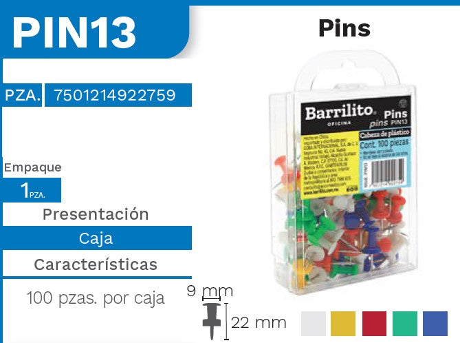 Pines c/Cabeza de Plástico Colore (5) Caja c/100 Barrilito® PIN13 Caja 7501214922759