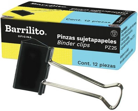 Broche Sujeta Papel Binder Clip c/12 Negro 25mm 1" Barrilito® PZ25 Caja 7501214908326 01