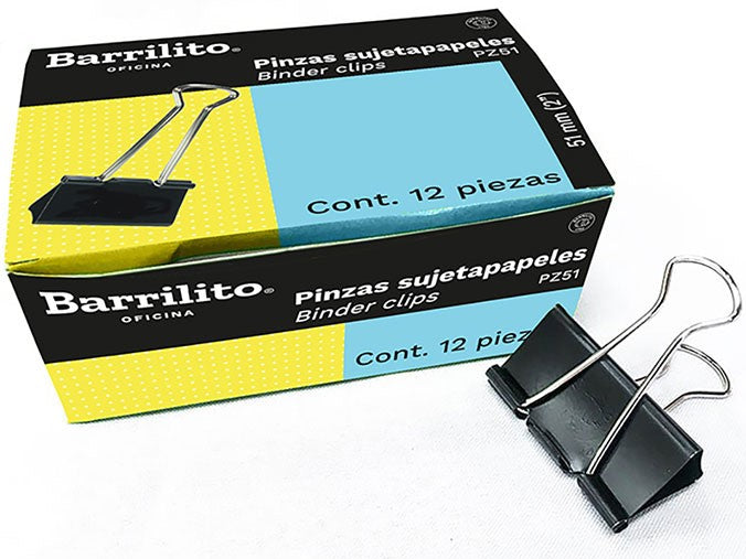 Broche Sujeta Papel Binder Clip c/12 Negro 51mm 2" Barrilito® PZ51 Caja 7501214908357 01