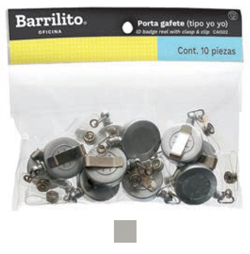 Broche p/Gafete Retráctil Clip tipo Yoyo Gris c/10 Barrilito® CAI502 Bolsa 7501214916413