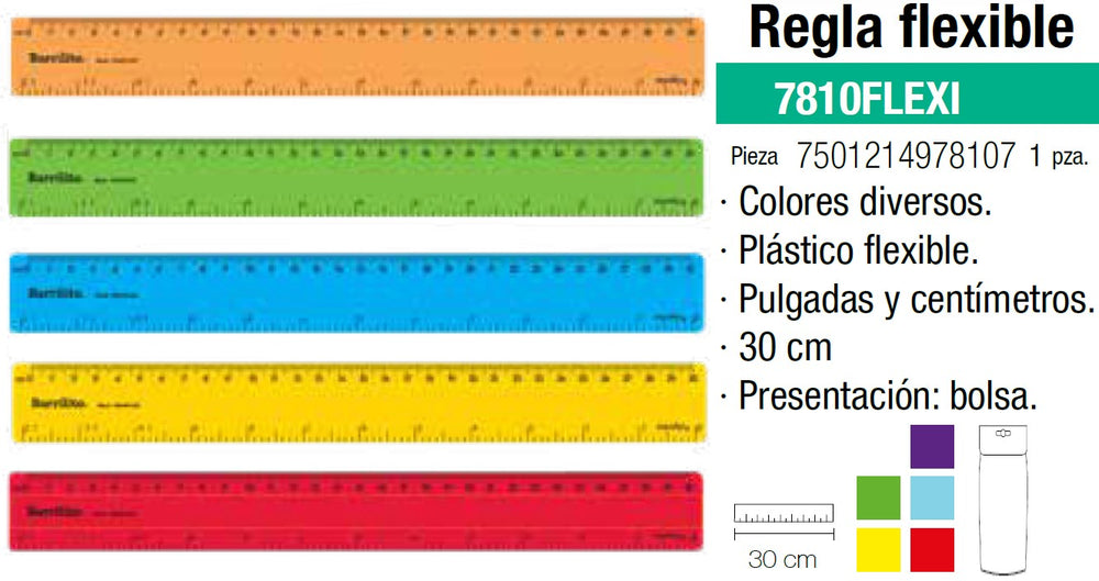 Regla Flexible 30cm Colores Solidos Barrilito® 7810FLEXI [Pieza] 7501214978107