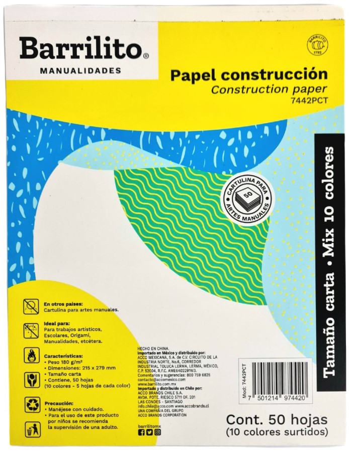Papel Construpack 50Hjs Colores (10) Carta 180g Barrilito® 7442PCT [Bloque] 7501214974420