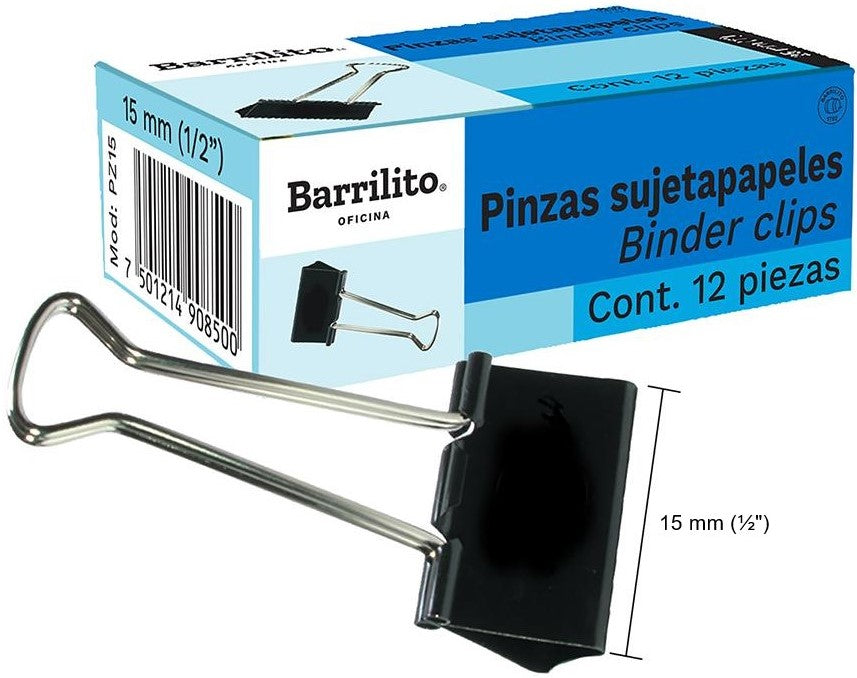 Broche Sujeta Papel Binder Clip c/12 Negro 15mm ½" Barrilito® PZ15 Caja 7501214908500 01 Imagen principal del producto