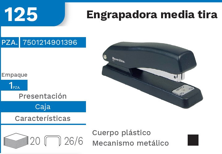 Engrapadora ½ Tira Plástico/Metal Barrilito® 125 Pieza 7501214901396