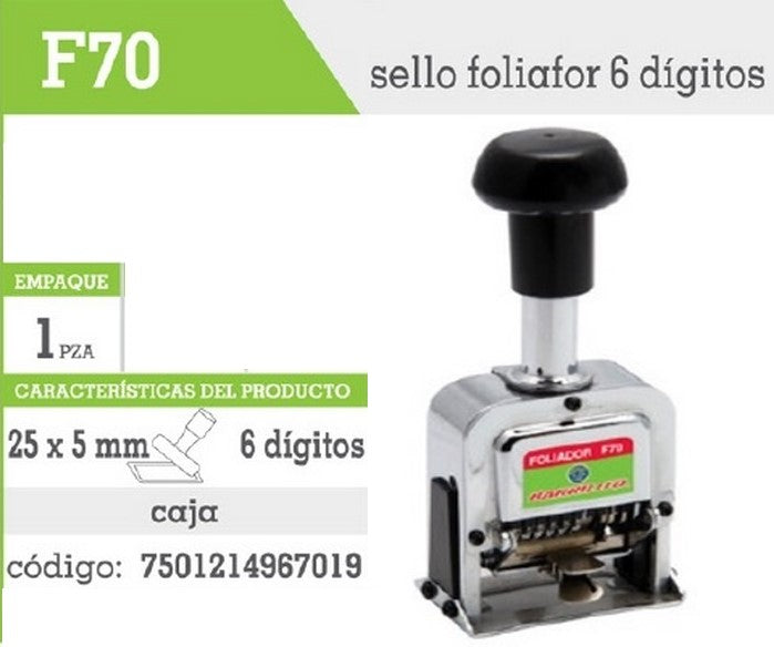 Sello Foliador 6 Dígitos Barrilito® F70 Pieza 7501214967019