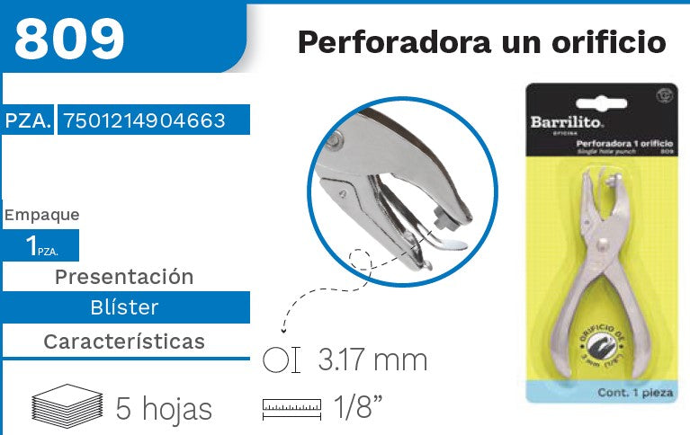 Perforadora Pinza Circulo 1/8" Barrilito® 809 [Pieza] 7501214904663
